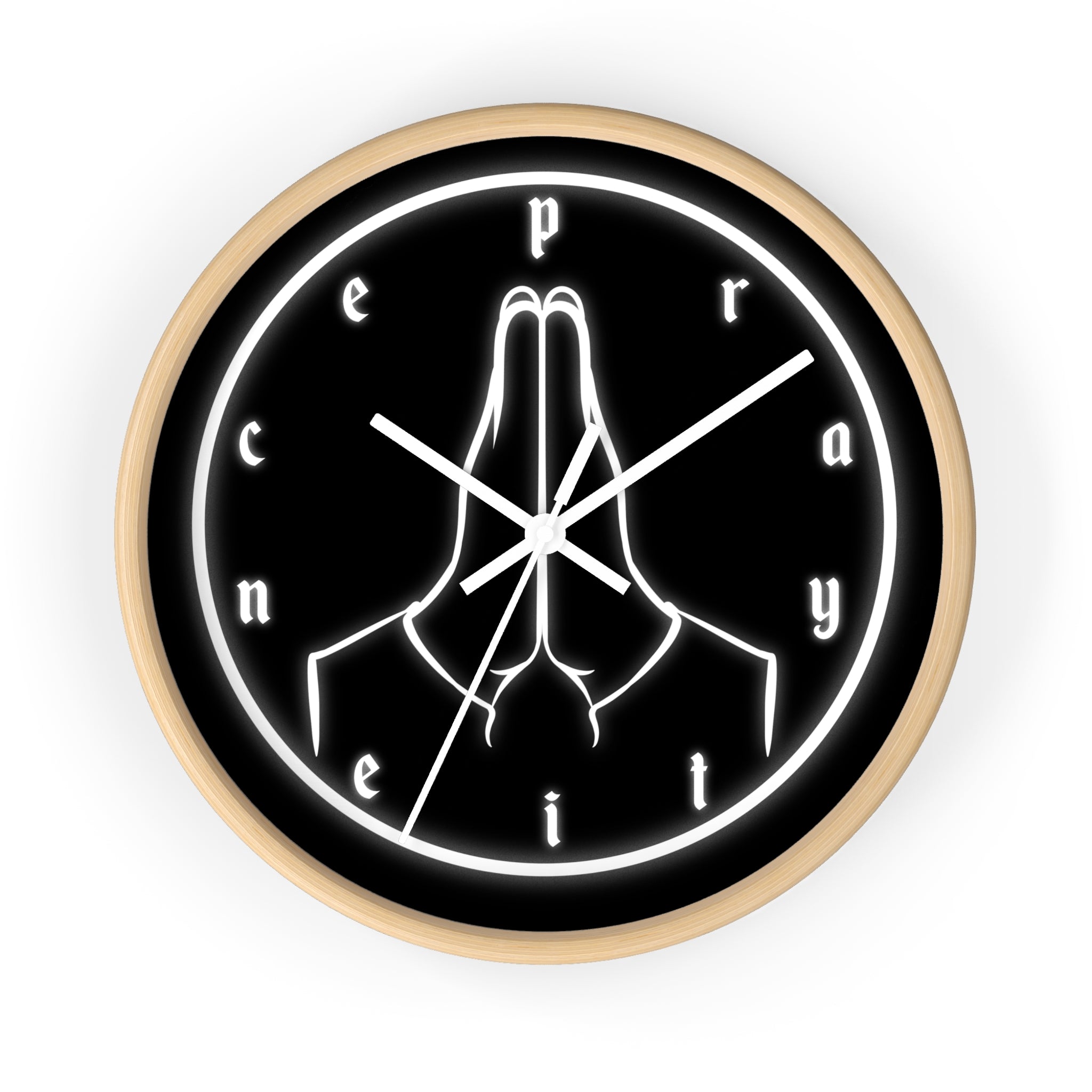 Pray Neon Wall Clock — Minimalist Praying Hands Black Clock