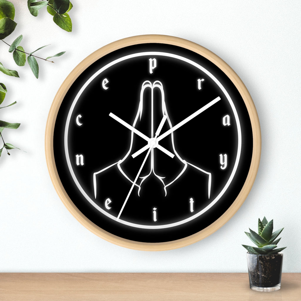 Pray Neon Wall Clock — Minimalist Praying Hands Black Clock