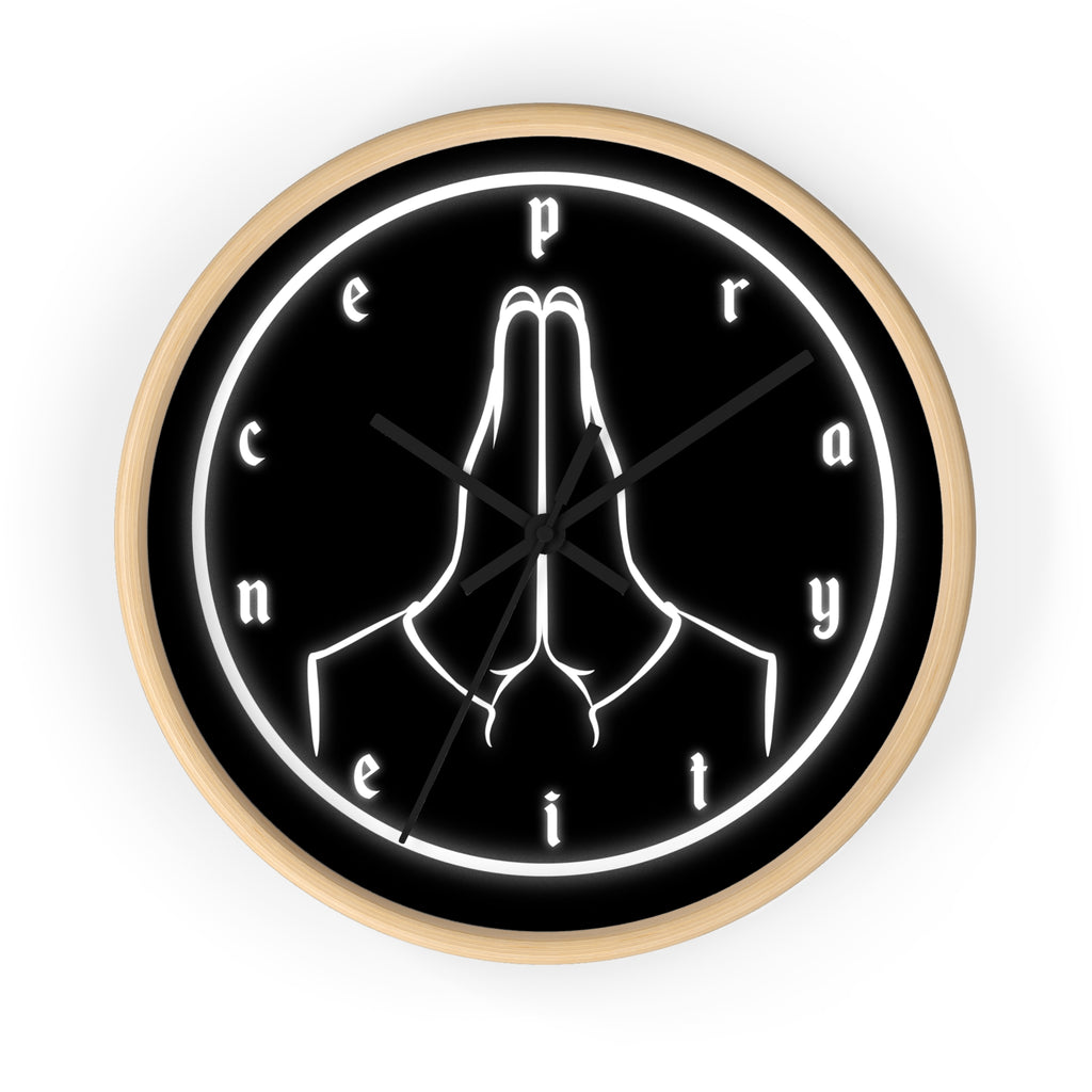 Pray Neon Wall Clock — Minimalist Praying Hands Black Clock