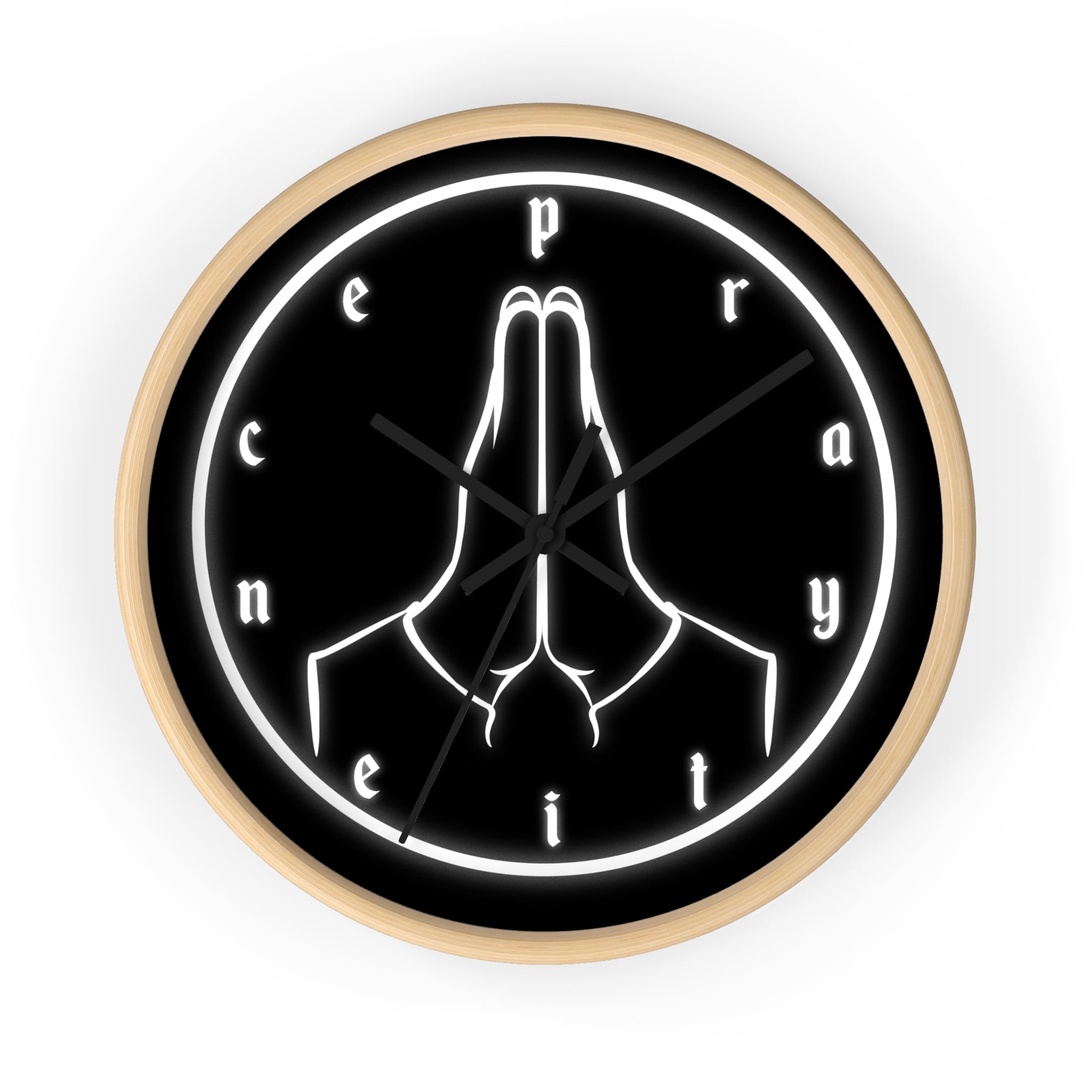 Pray Neon Wall Clock — Minimalist Praying Hands Black Clock