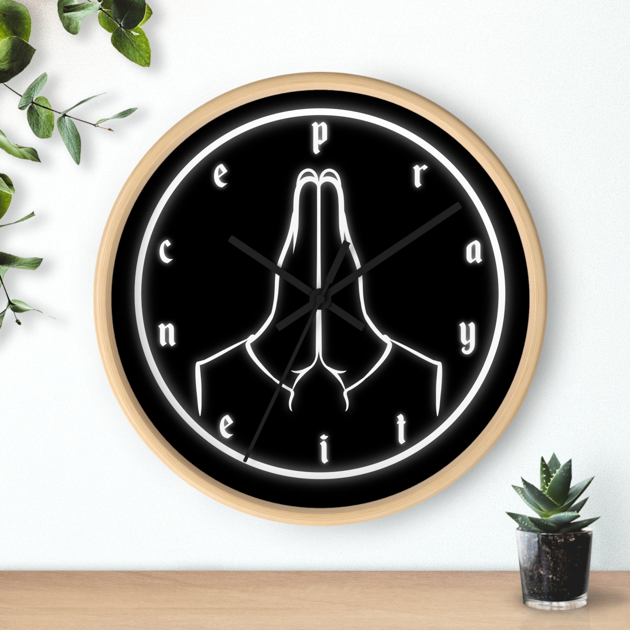 Pray Neon Wall Clock — Minimalist Praying Hands Black Clock